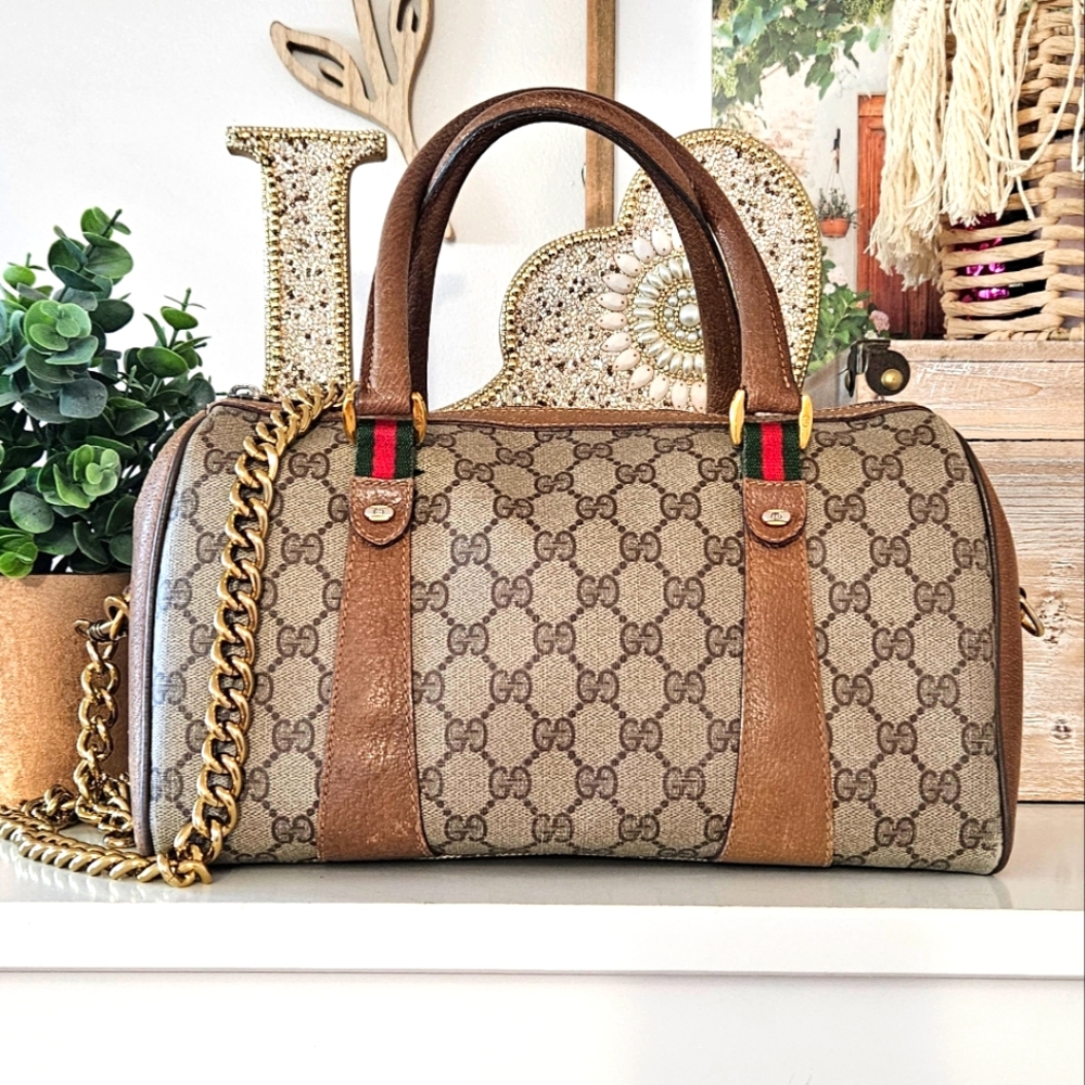 Gucci Sherryline Monogram Boston 30 Bag With Unbranded Chunky Brass Chain